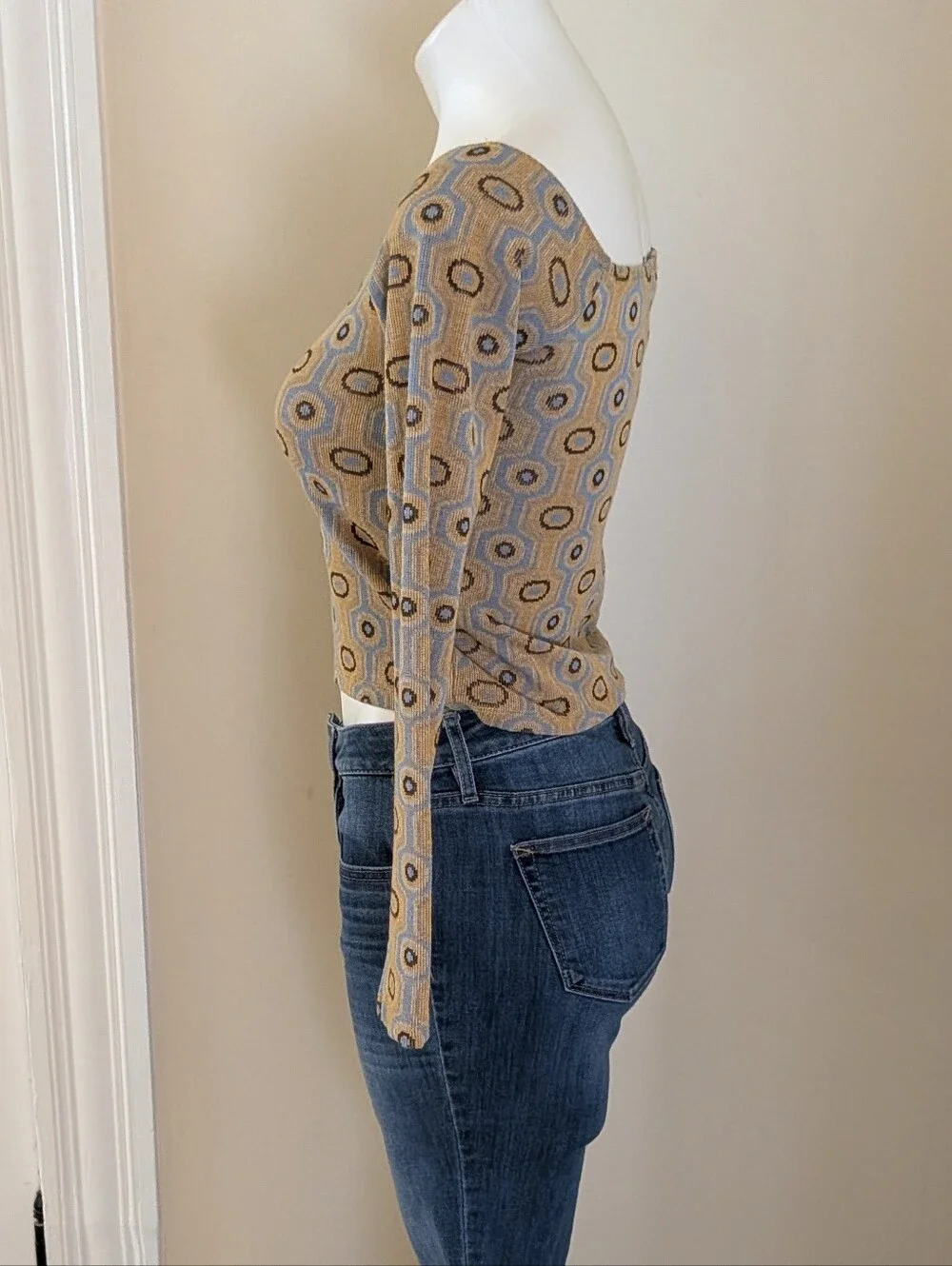 Zara brown tan and blue geometric print long sleeve top size S